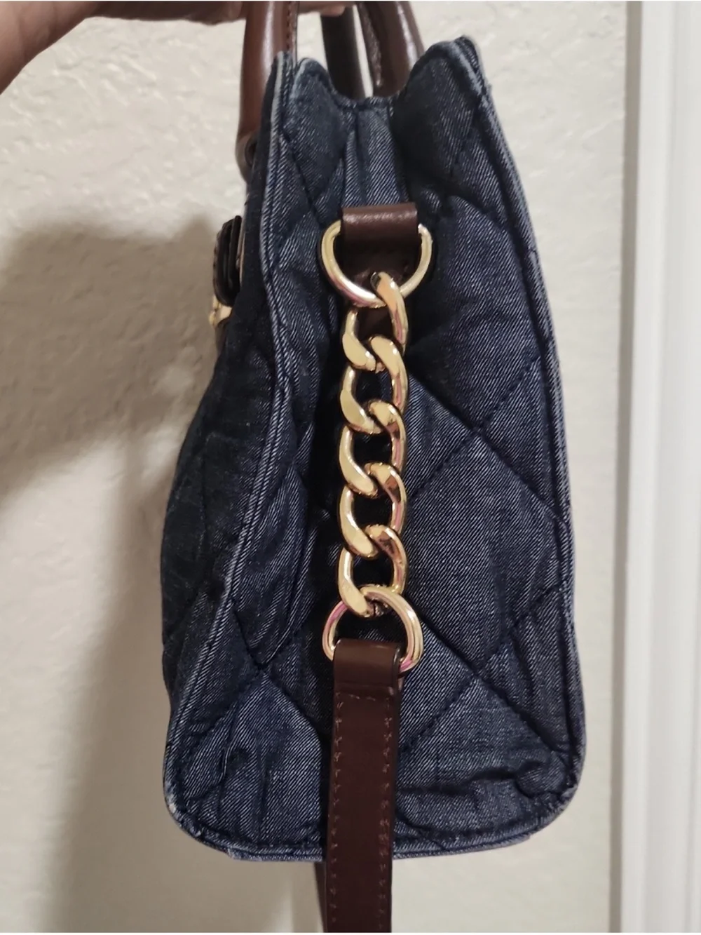 Michael Kors Brown Leather-Trim Quilted Denim Tote